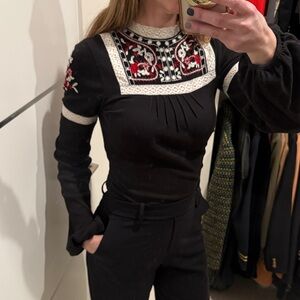 Free People Black Embroidered Long Sleeve Top Small